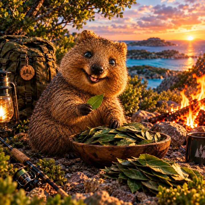 Rotto with a bowl of leaves at sunset