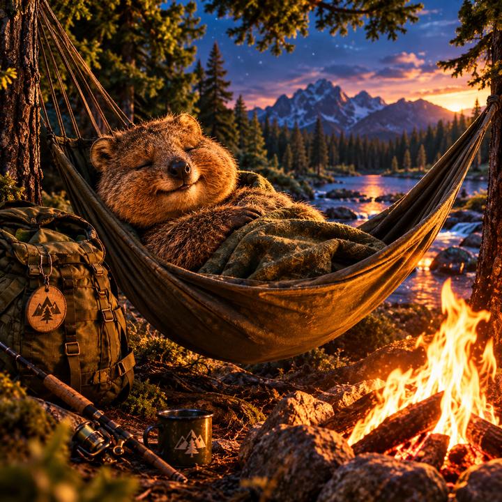 Rotto asleep in a hammock by the fire