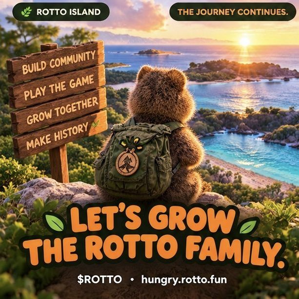 Rotto with his backpack looks at the island sunset. Signs read: build community, play the game, grow together, make history