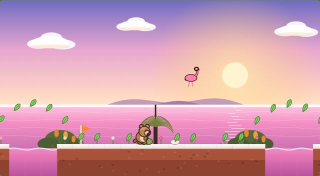 Pink salt lake with a flamingo overhead