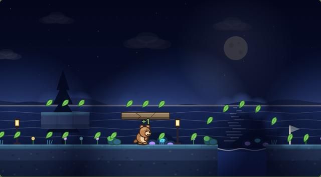 Rotto between two lanterns on a moonlit path