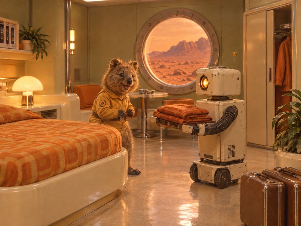 Rotto in a cozy Mars room while a robot brings blankets