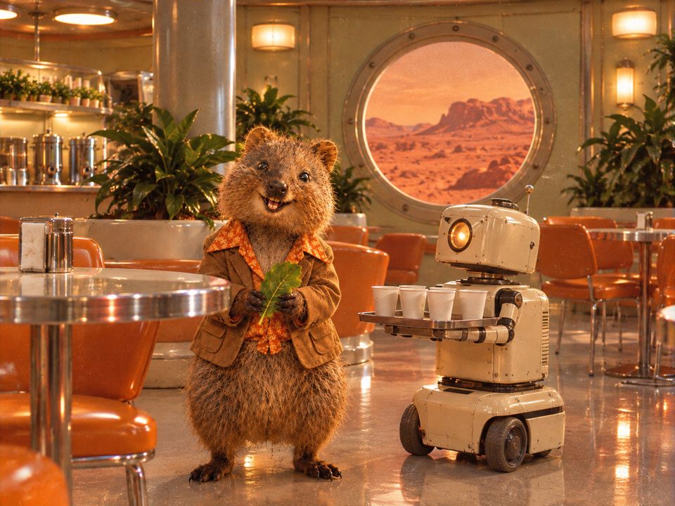 Rotto in the Mars canteen with a robot carrying paper cups