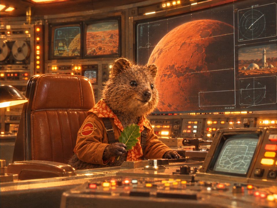 Rotto in the Mars control room in front of a big screen of the red planet