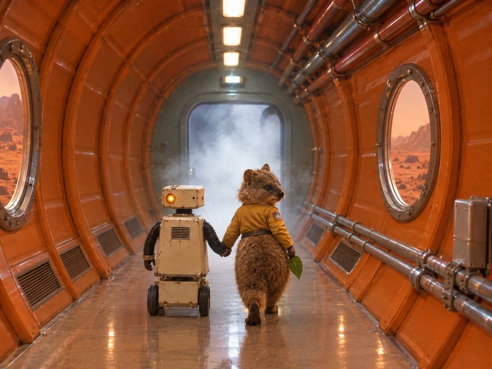 Rotto and a robot hand in hand walking toward a misty door