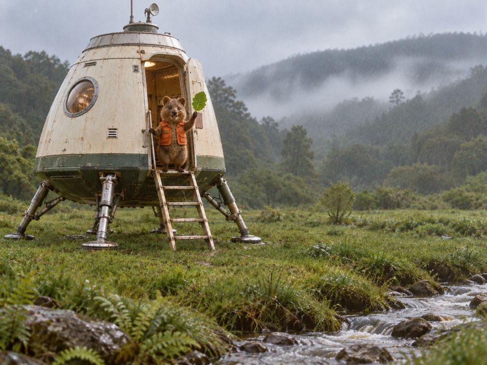 A small capsule on a green meadow with Rotto waving on the ladder