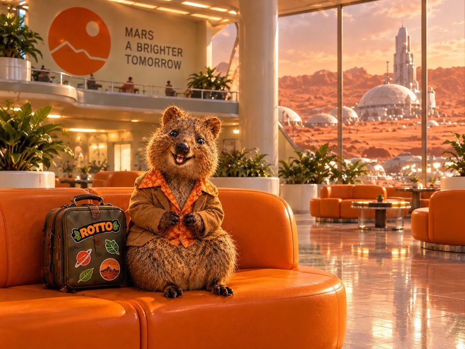 Rotto on an orange sofa in the Mars lobby with a ROTTO suitcase