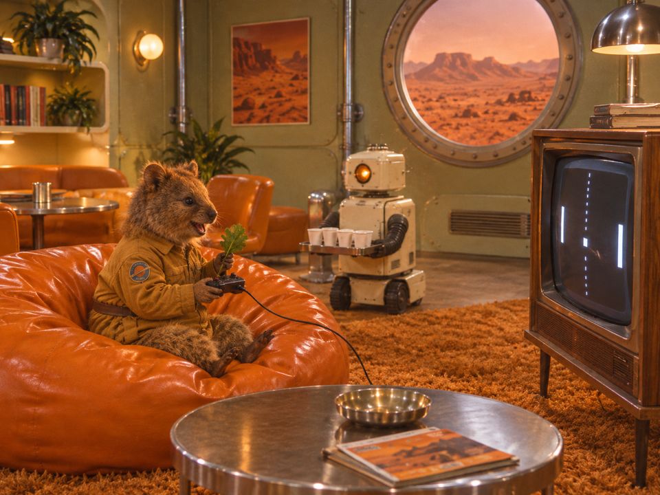 Rotto on a bean bag playing a pong game next to a robot