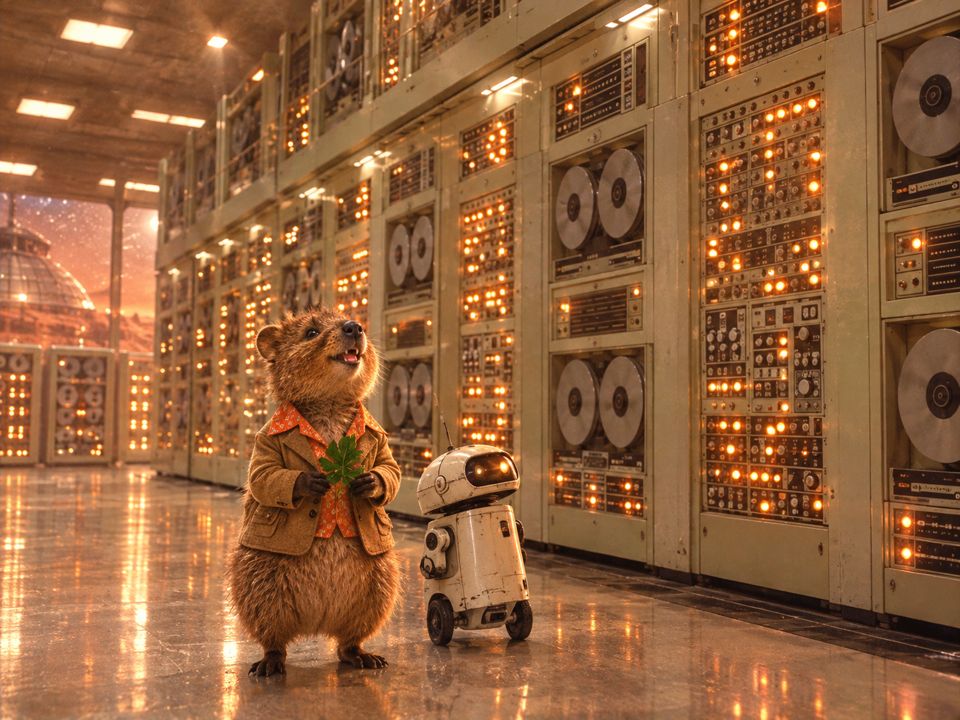 Rotto in front of a wall of tape reels with a helper robot