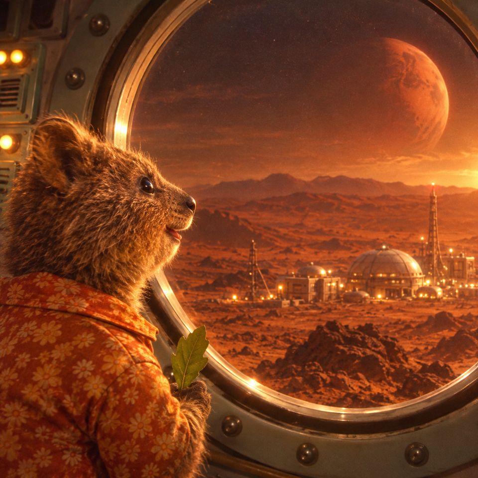 Rotto looks out of a round window at Mars