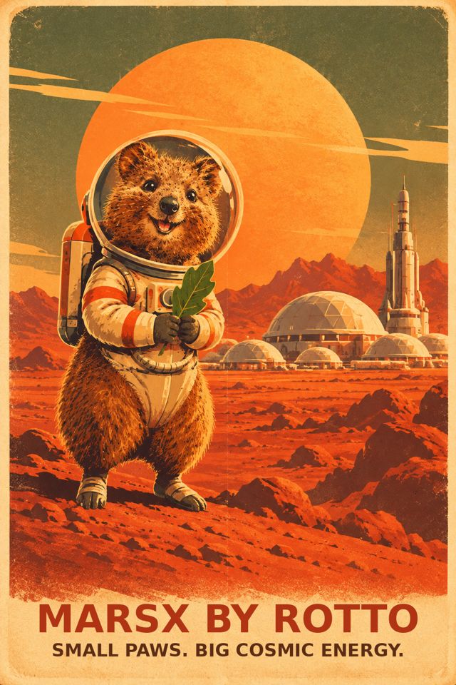 Retro poster: Rotto in a space suit on Mars. Small paws. Big cosmic energy.