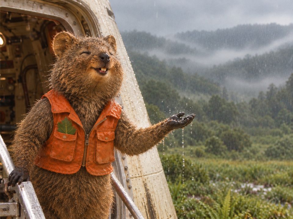 Rotto catching raindrops on its paw at the capsule hatch