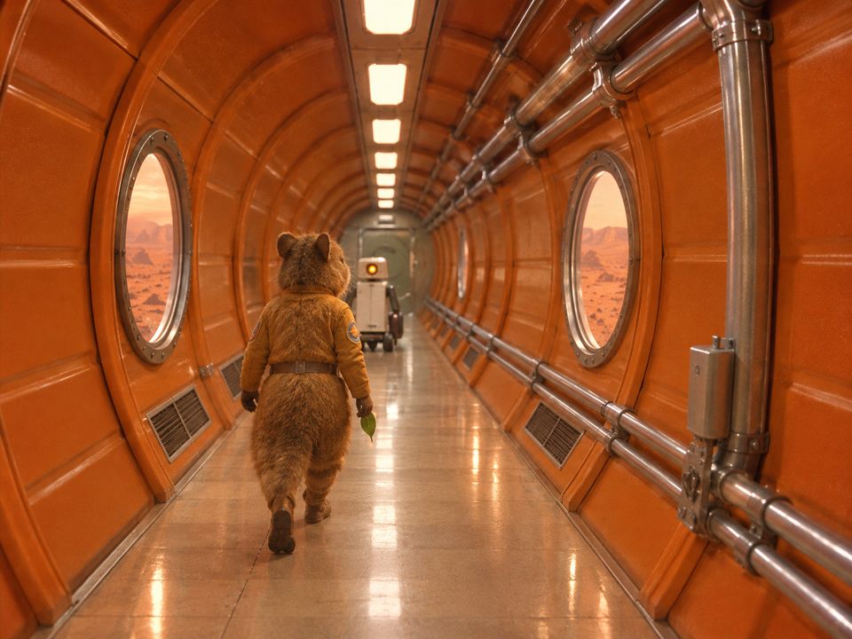 Rotto walks down an orange tunnel with round windows toward a helper robot