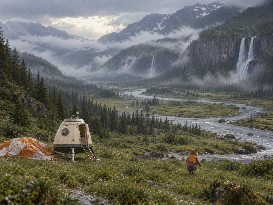 A misty green valley with waterfalls, a capsule and Rotto walking to the river