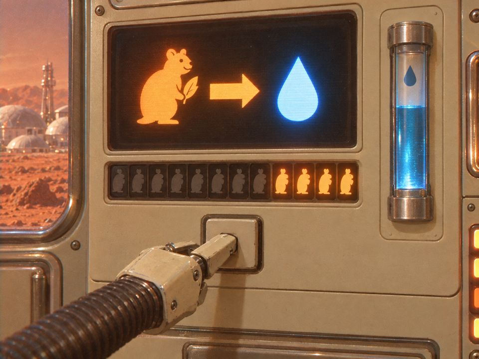 A wall panel showing a small animal turning into a drop of water