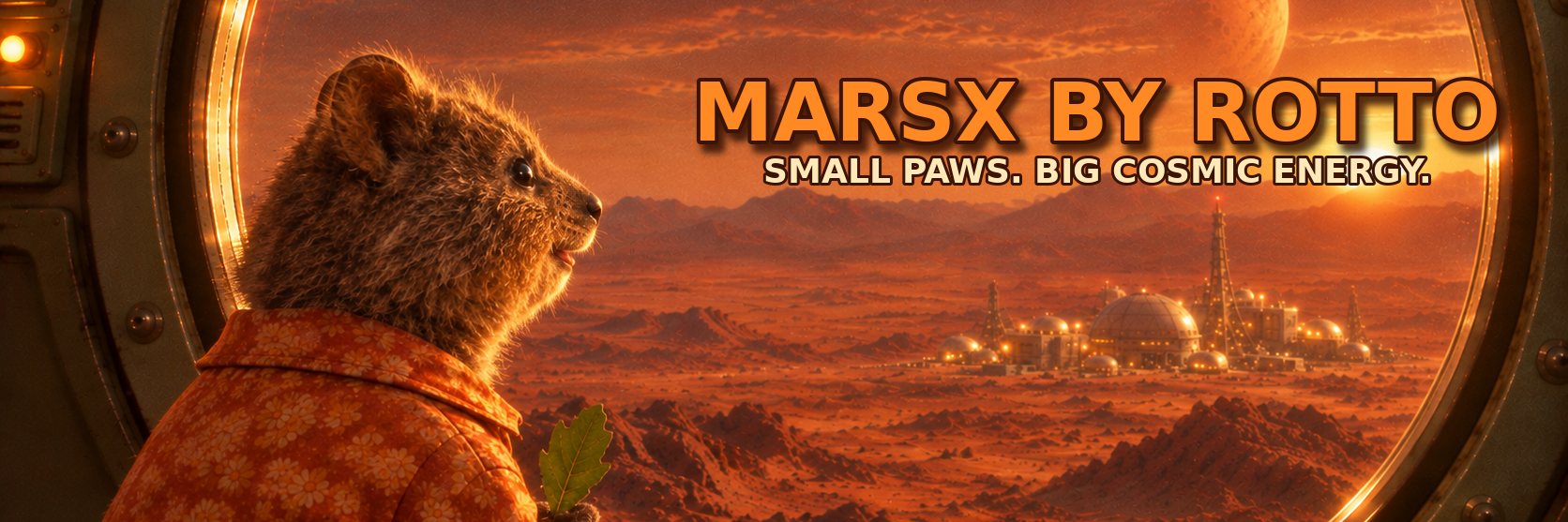 Rotto the quokka looks out of a round window at a Mars colony at sunset. MarsX by ROTTO. Small paws. Big cosmic energy.