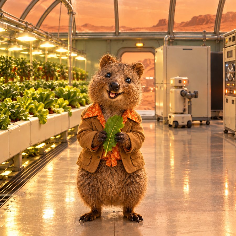 Rotto in the Mars greenhouse holding a leaf