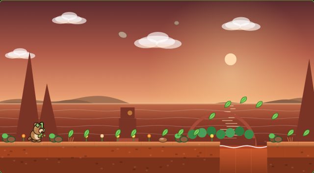 Mars 2: Rotto near a greenhouse arch and a small robot