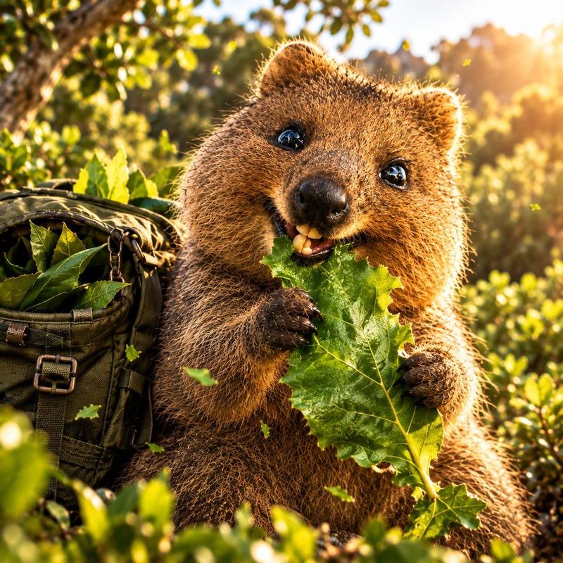 Rotto the quokka eating a leaf next to his backpack