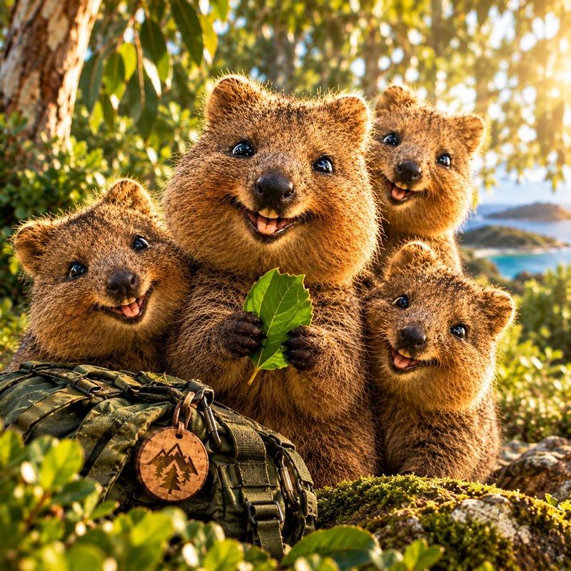 Four smiling quokkas, one holding a leaf, next to a backpack